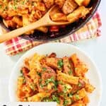 Overhead view of one pot Italian sausage pasta in a skillet and on a plate.