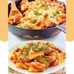 One pot Italian sausage pasta in a skillet and on a plate.