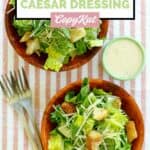 Overhead view of homemade Outback Caesar dressing and two salads.