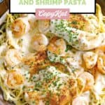 Overhead view of homemade Outback Queensland chicken and shrimp pasta in a bowl.