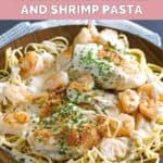 Homemade Outback Queensland chicken and shrimp pasta in a wood bowl.