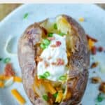 Overhead view of copycat Outback Steakhouse loaded baked potato.