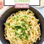Overhead view homemade Pasta House Company fettuccine alfredo.