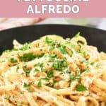 Closeup of homemade Pasta House fettuccine alfredo in a black bowl.
