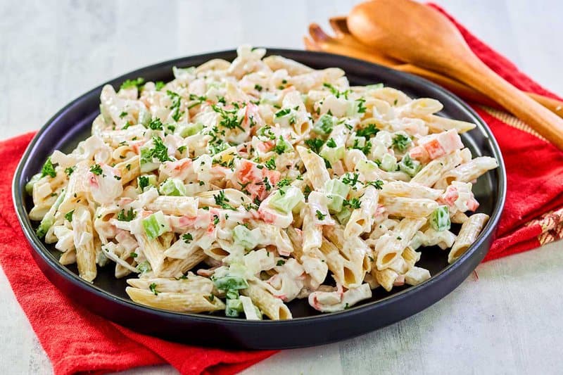Seafood pasta salad on a plate.