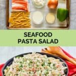 Seafood pasta salad ingredients and the finished salad.