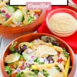 Southwestern ranch dressing in a small glass bowl and on salads.