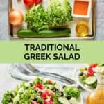 Traditional Greek salad ingredients and the finished salad and dressing.