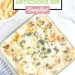 Overhead view of homemade Applebee's spinach artichoke dip in a glass baking dish.