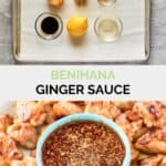 Copycat Benihana ginger sauce ingredients and the finished sauce in a bowl.