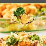 Broccoli tater tot casserole with beef on a fork over a plate of it.