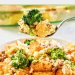 Broccoli tater tot casserole on a fork held over a plate of it.