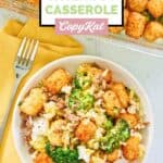 Overhead view of broccoli tater tot casserole in a bowl.