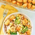 Overhead view of broccoli tater tot casserole in a baking dish and on a plate.