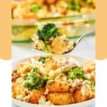 Broccoli tater tot casserole on a fork and a plate.