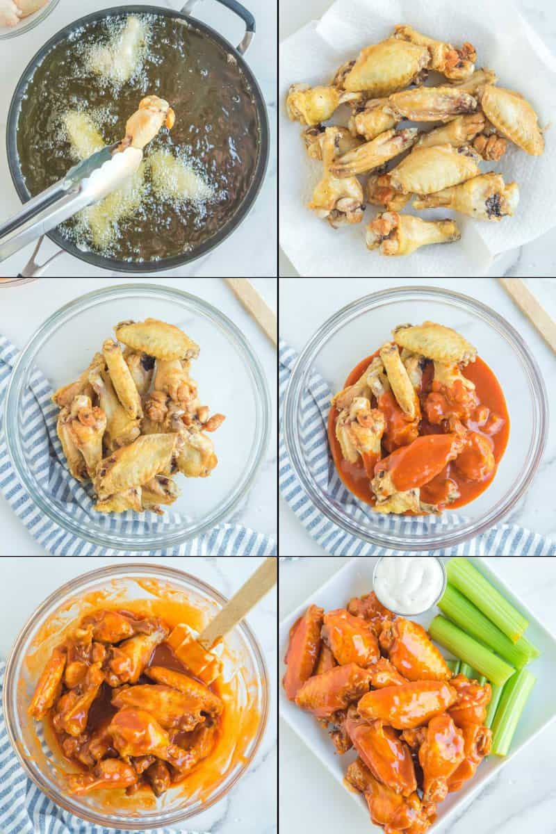 Collage of making Buffalo Wild Wings Buffalo wings.