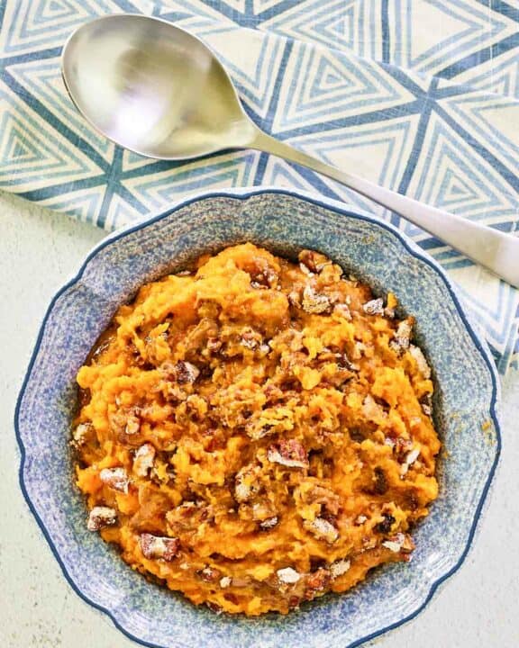 Overhead view of copycat Burbank's sweet potato casserole in a bowl.