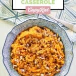 Overhead view of homemade Burbank's sweet potato casserole in a bowl.