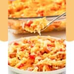 Cheesy ham and hash brown casserole on a fork over a plate of it.