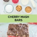 Cherry mash bars ingredients and two of the finished bars.
