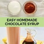 Chocolate syrup ingredients and the finished syrup next to a glass of chocolate milk.