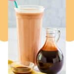 Homemade chocolate syrup next to a glass of chocolate milk.
