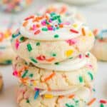 Copycat Crumbl birthday cake cookies in a stack.