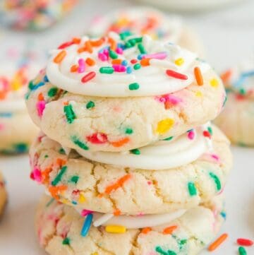 Copycat Crumbl birthday cake cookies in a stack.