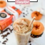 Homemade Dunkin iced coffee, donuts, and coffee beans.