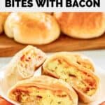 Homemade Dunkin stuffed biscuit bites with bacon on a plate and a wooden board.
