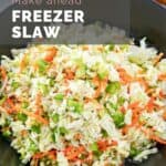 Freezer slaw in a large black bowl.