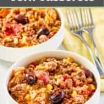 Two hamburger corn casserole servings in bowls.