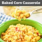 Homemade Luby's Spanish Indian baked corn casserole on a fork over a serving in a bowl.
