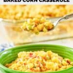 Homemade Luby's Spanish Indian baked corn casserole in a green bowl and on a fork above it.