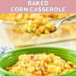 Homemade Luby's Spanish Indian baked corn casserole in a bowl and on a fork above it.