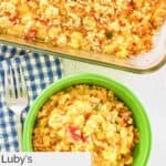 Overhead view of homemade Luby's Spanish Indian baked corn casserole in a baking dish and a bowl.