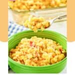 Homemade Luby's Spanish Indian baked corn casserole on a fork over a bowl of it.
