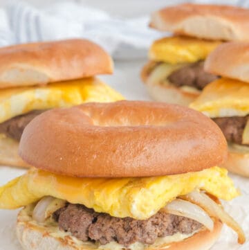 Copycat McDonald's steak egg and cheese bagel breakfast sandwiches.