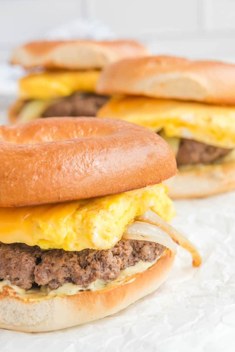 Closeup of copycat McDonald's steak egg and cheese bagel.