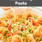 A bowl of homemade Planet Hollywood Thai shrimp pasta.
