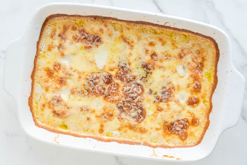 Overhead view of potato au gratin in a casserole dish.