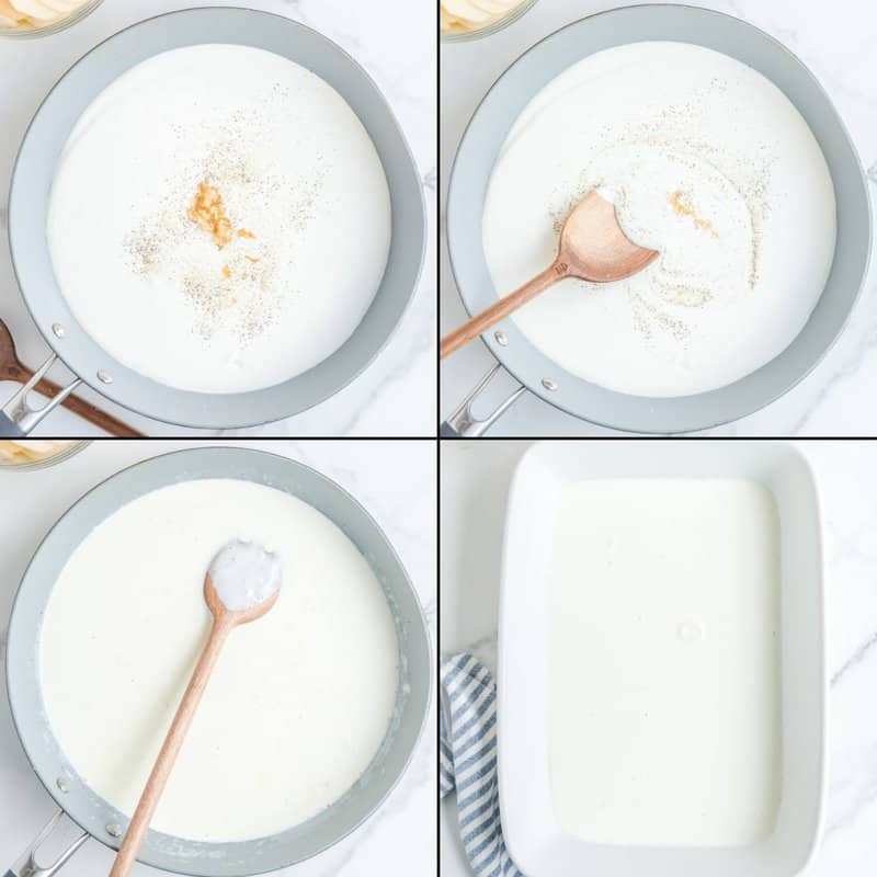 Collage of making white sauce for potato au gratin.
