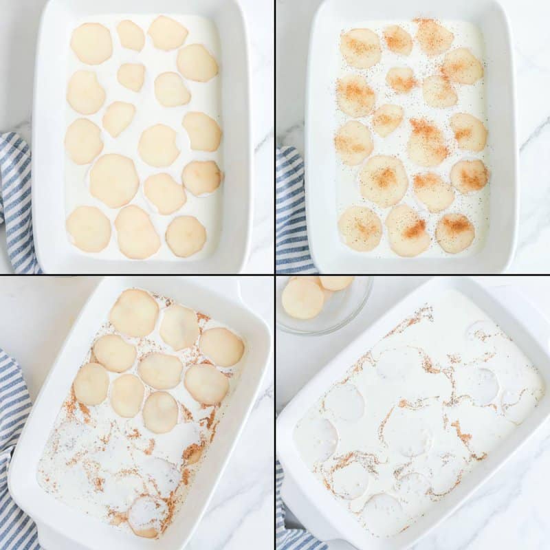 Collage of assembling potato au gratin in a baking dish.