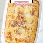 Overhead view of potato au gratin in a baking dish.
