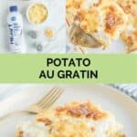 Potato au gratin ingredients and the finished dish.