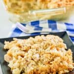 Ritz cracker chicken casserole in a glass baking dish and a serving on a plate.