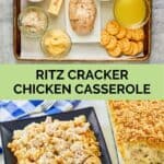 Ritz cracker chicken casserole ingredients and the finished dish.