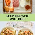 Beef Shepherd's pie ingredients and two bowls of the finished dish.