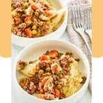 Two bowls of shepherd's pie with beef and gravy.