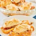 Bisquick peach cobbler on a plate and in a pie plate.